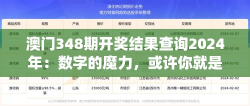 澳门348期开奖结果查询2024年：数字的魔力，或许你就是下一个幸运儿